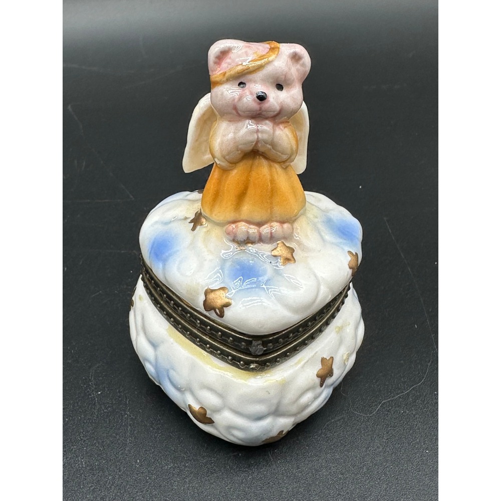 Vintage Porcelain Trinket Box Angel Bear On Cloud Heart Shape Hinged Lid - Picture 5 of 6